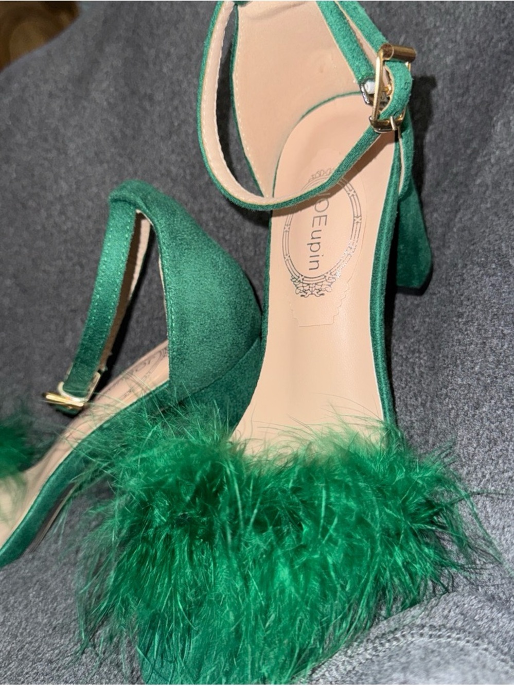Emerald Feather Ankle-Strap Heels